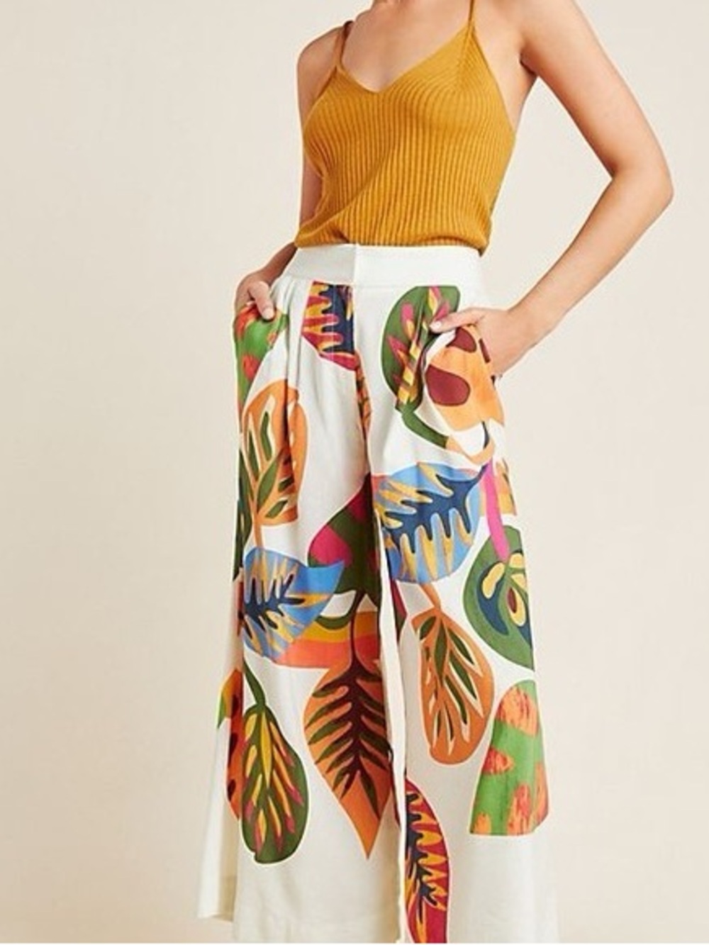 Farm Rio Anthropologie Tropical Palm Leaf Wide Leg Cropped Pants size xs - Picture 1 of 8